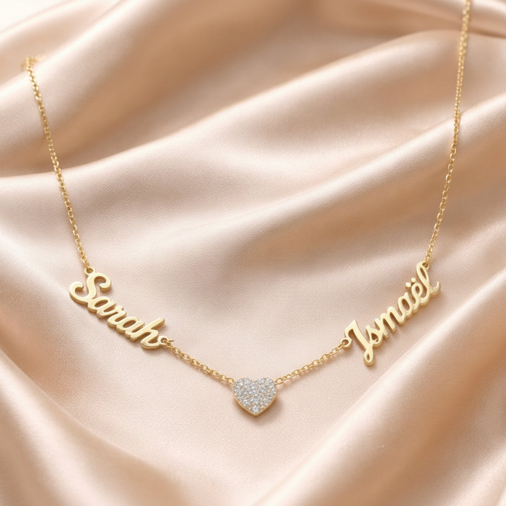 Collier 2 Prénoms avec un coeur  Zircone