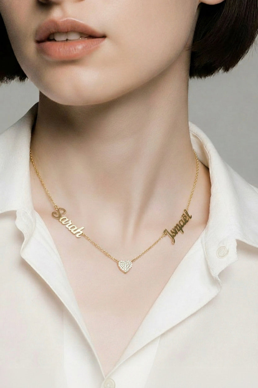 Collier 2 Prénoms avec un coeur  Zircone